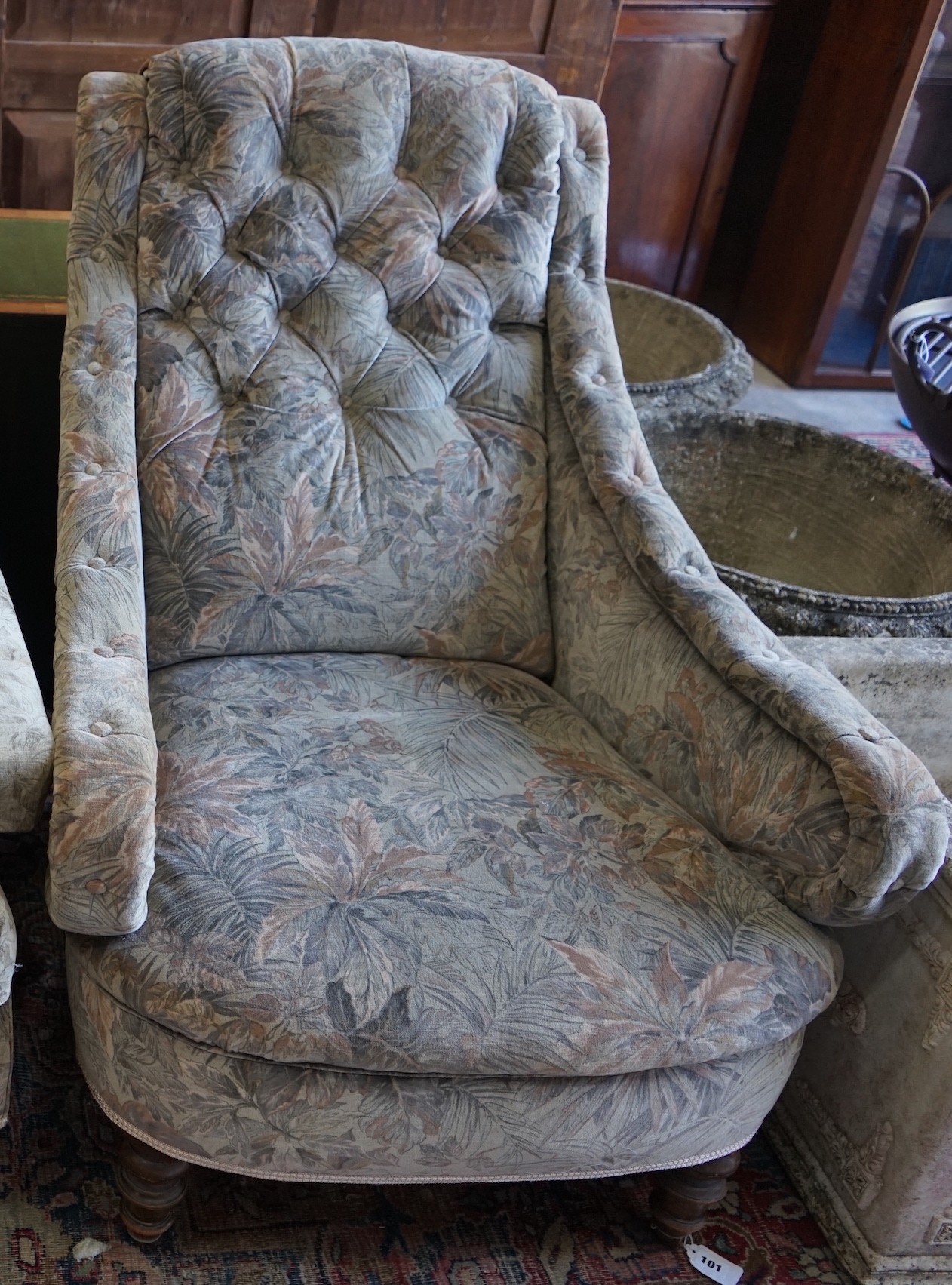 A Victorian walnut upholstered armchair, width 80cm, depth 110cm, height 94cm